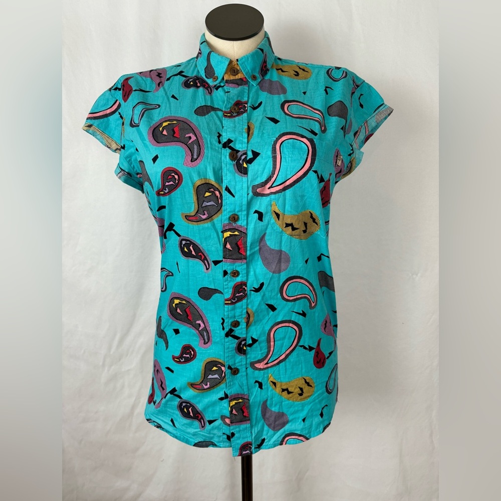 Roberta Oaks vintage Aloha shirt,Turquoise blue with multicolored paisleyprint